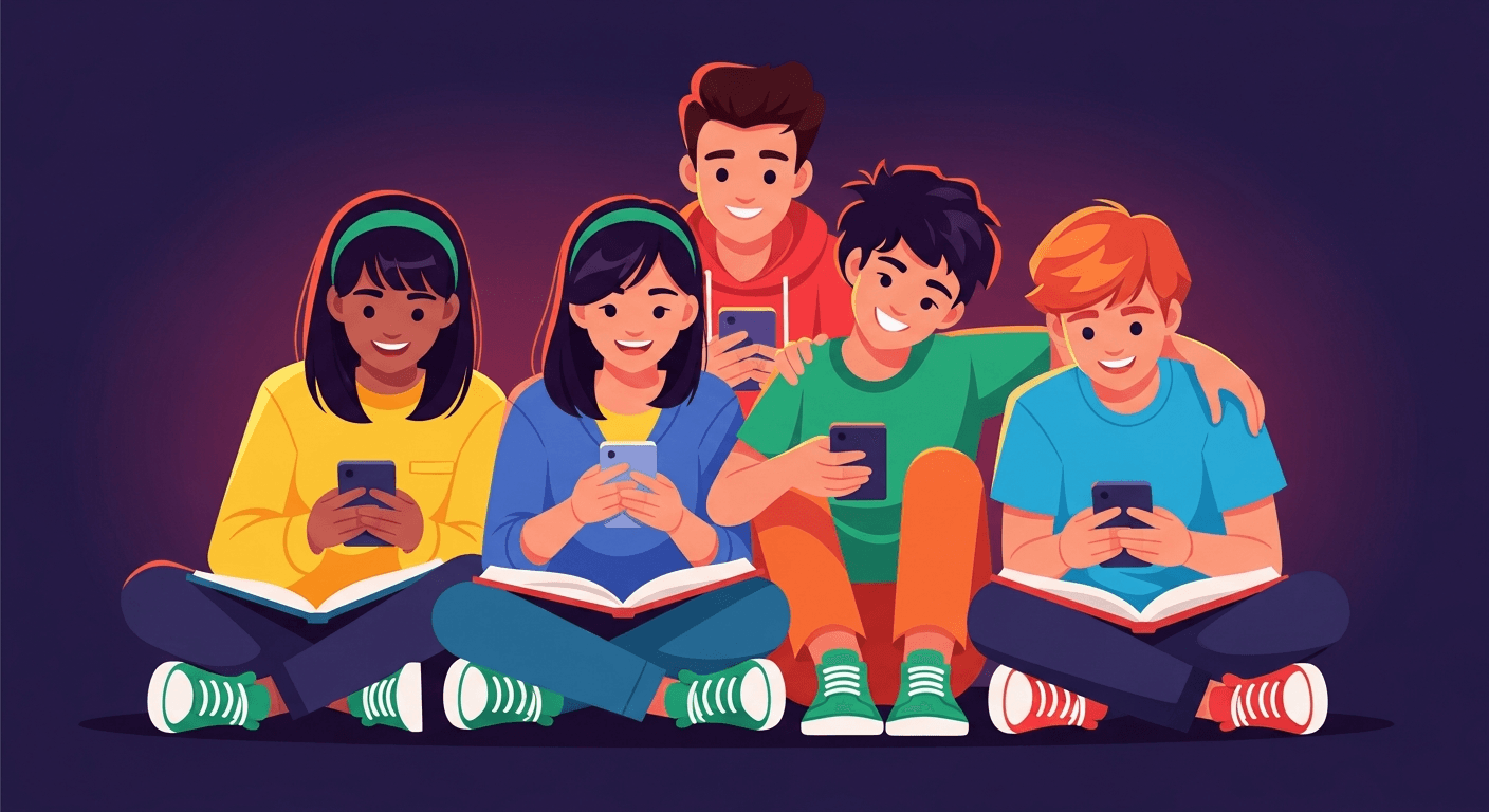 Uśmiechnięci nastolatkowie uczący się na telefonach